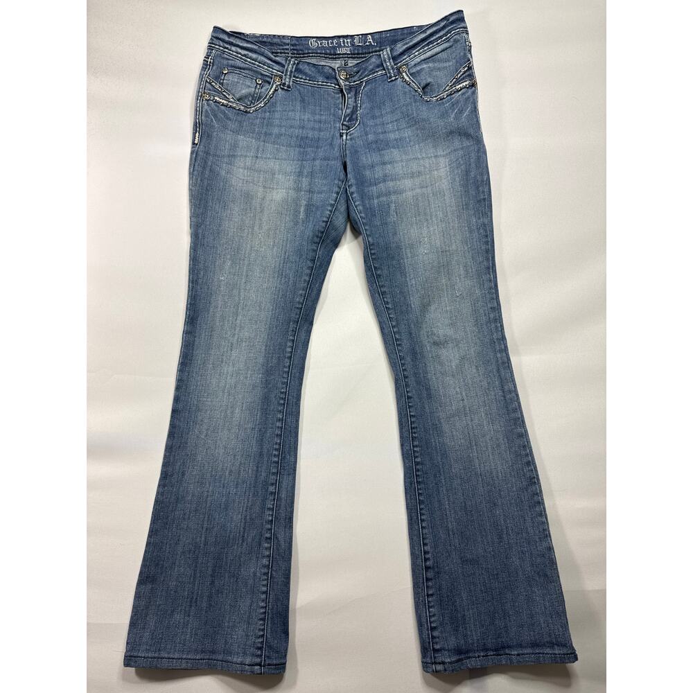 Grace in L.A. Women's Rhinestone Bootcut Blue‎ Denim Jeans - Size 11 (34x30.5)